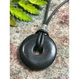 Shungite Unisex Donut Pendant Necklace Pi Stone 30mm Leather Cord Reiki Gemstone
